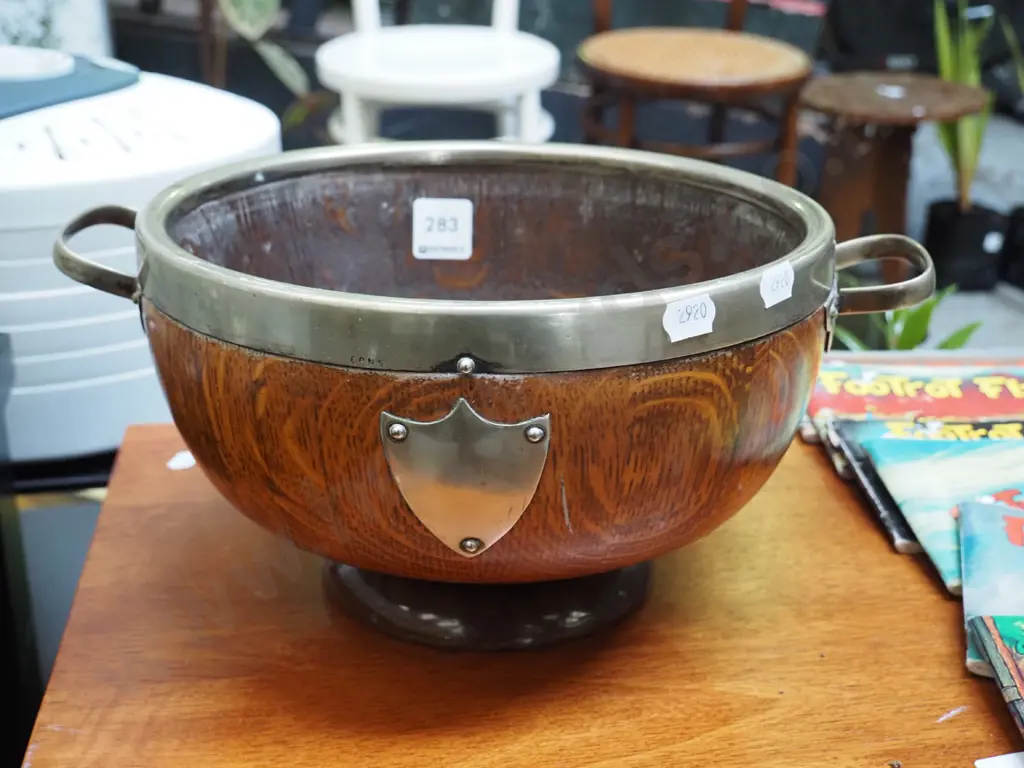 oak double handled bowl with plated trim Image 1++