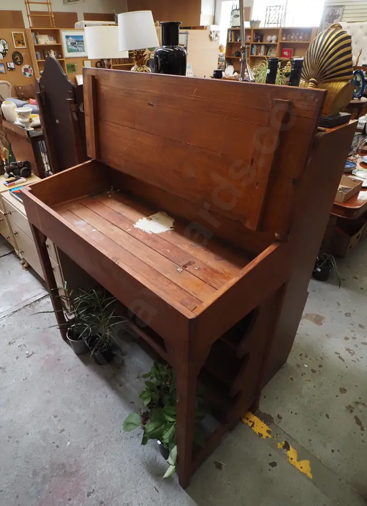 vintage rimu clerks desk with lift up top and shelving H-1560 W-1245 D-590 Image 1++