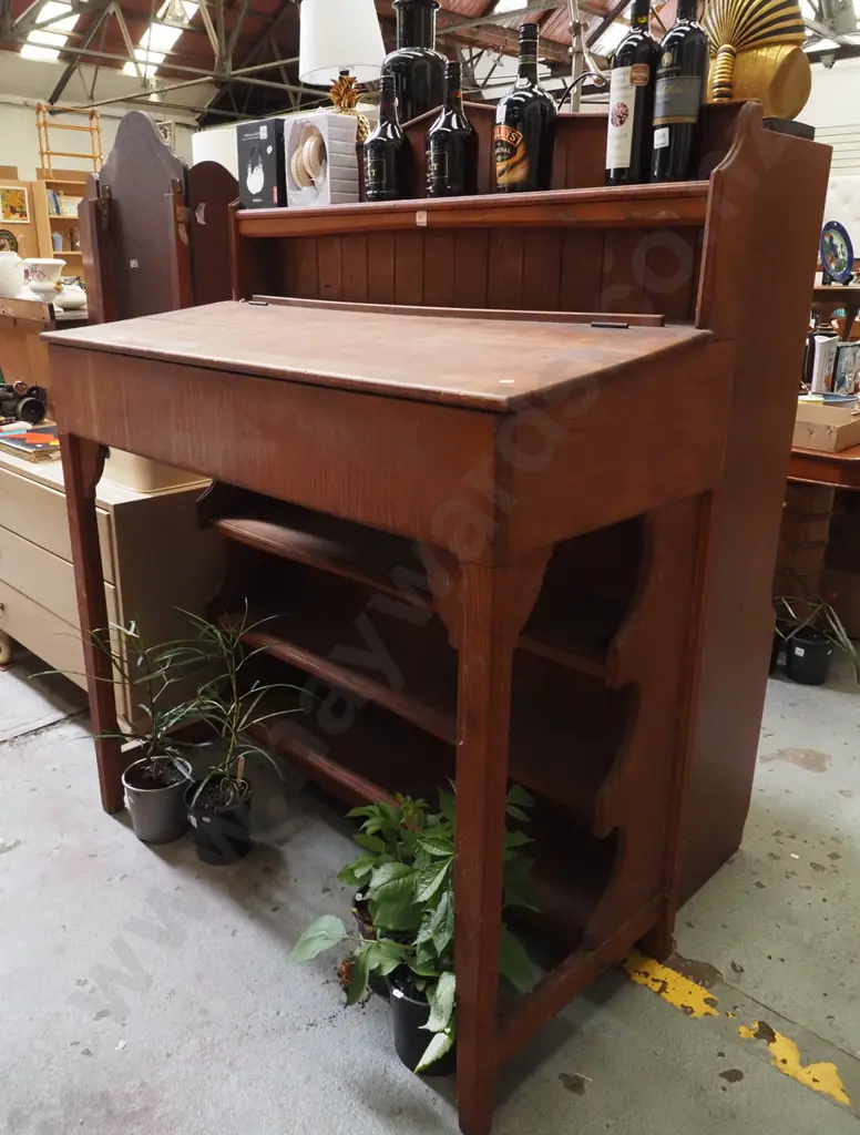 vintage rimu clerks desk with lift up top and shelving H-1560 W-1245 D-590 Image 1++