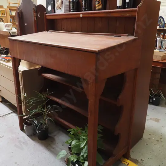 vintage rimu clerks desk with lift up top and shelving H-1560 W-1245 D-590