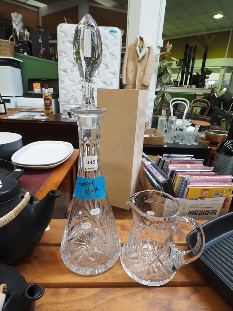 tall cut crystal decanter H-430- stopper has chips, small water jug Image 1++