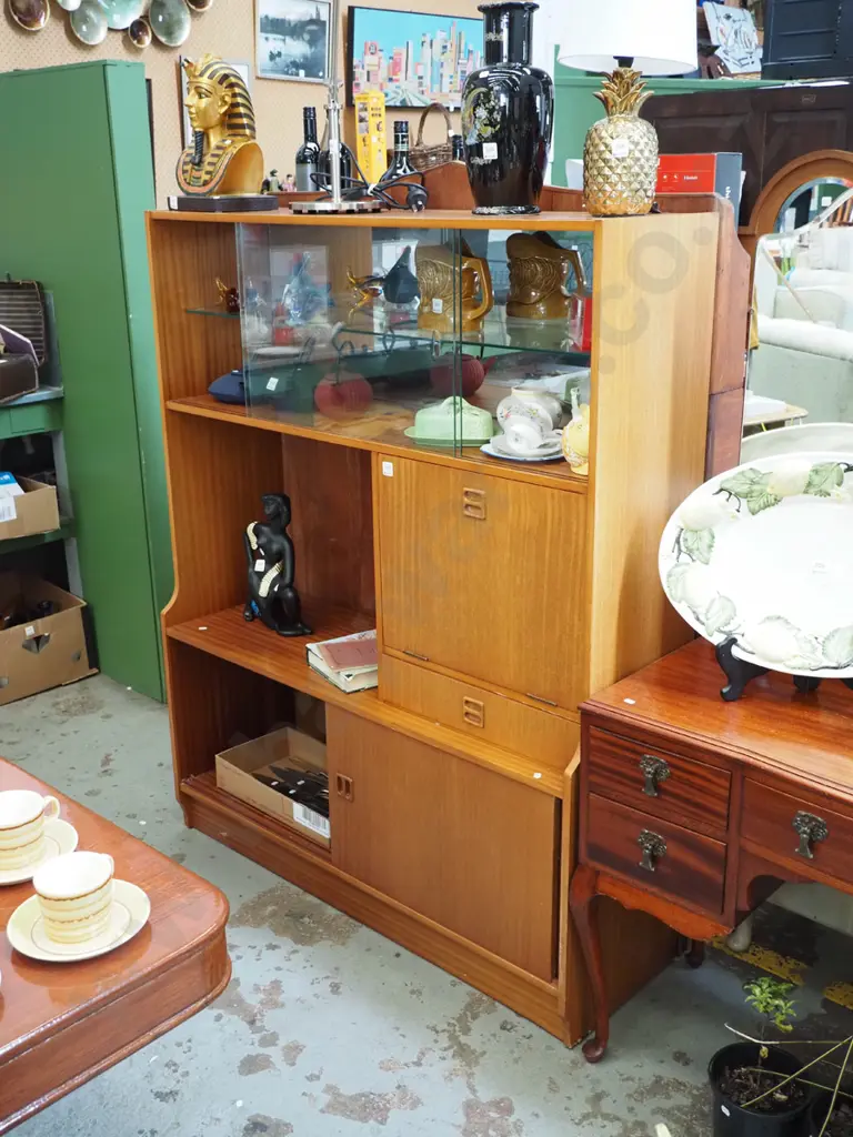 mid-century wall unit - sliding doors, drawer, drop front liquor cabinet H-1480 W-1190 D-400 Image 1++