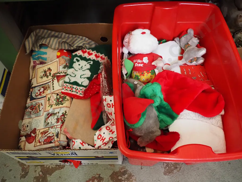 2x boxes of Xmas themed material, jerseys, decorations etc Image 1++