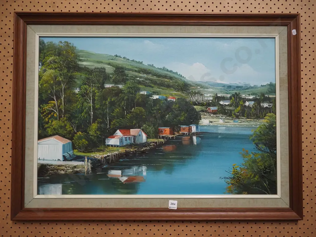 framed oil on board - boat houses Image 1++