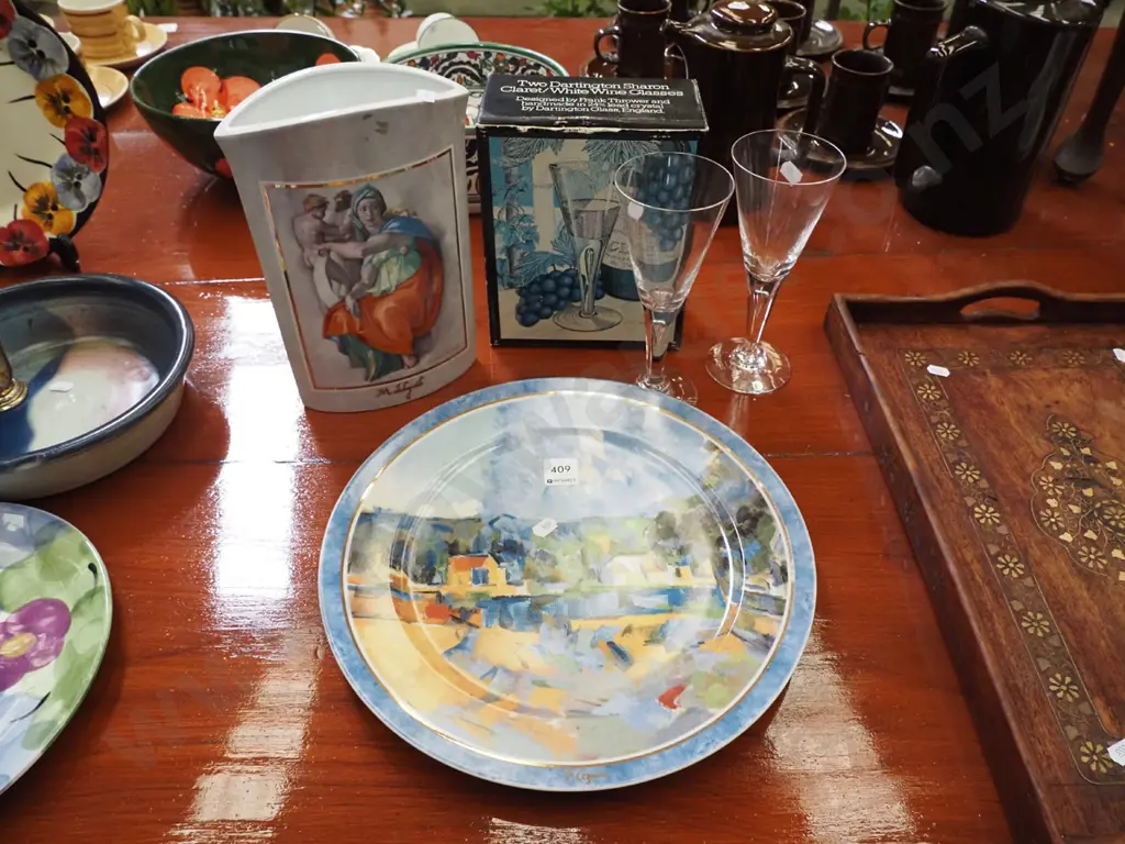 Cezanne plate, vase, 2x white wine lead crystal glasses Image 1++