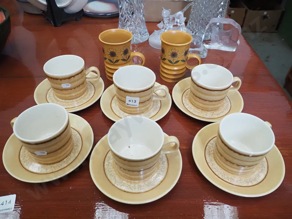 Crown Lynn cups, saucers, 2x sunflower coffee mugs Image 1++