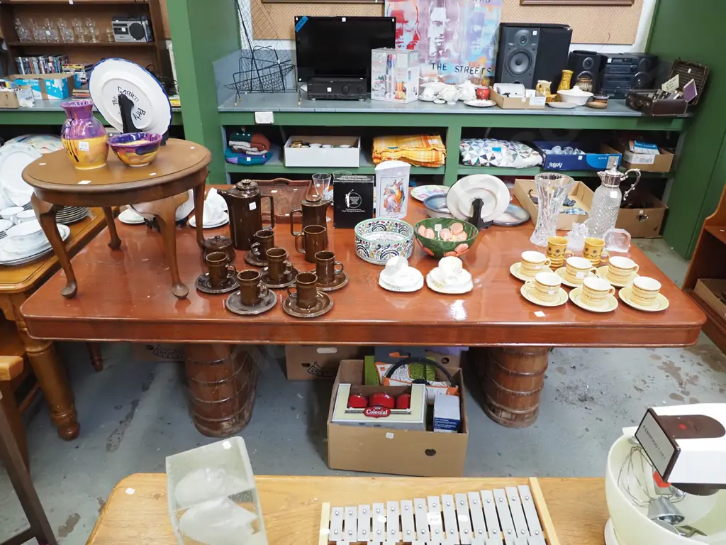 unusual oval twin pedestal based dining table with newly varnished top  Image 1++