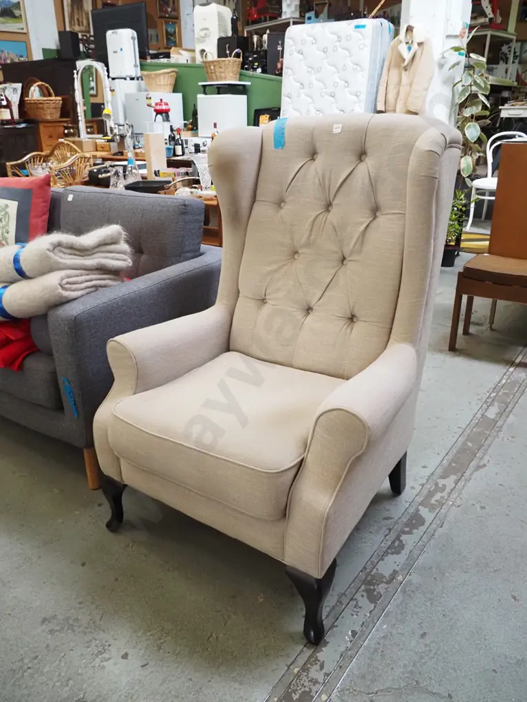 wingback deep button cab leg fireside chair - some marking to upholstery Image 1++