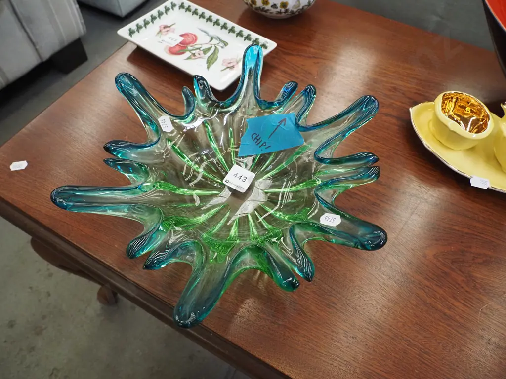 blue and green art glass ashtray - has a chip Image 1++
