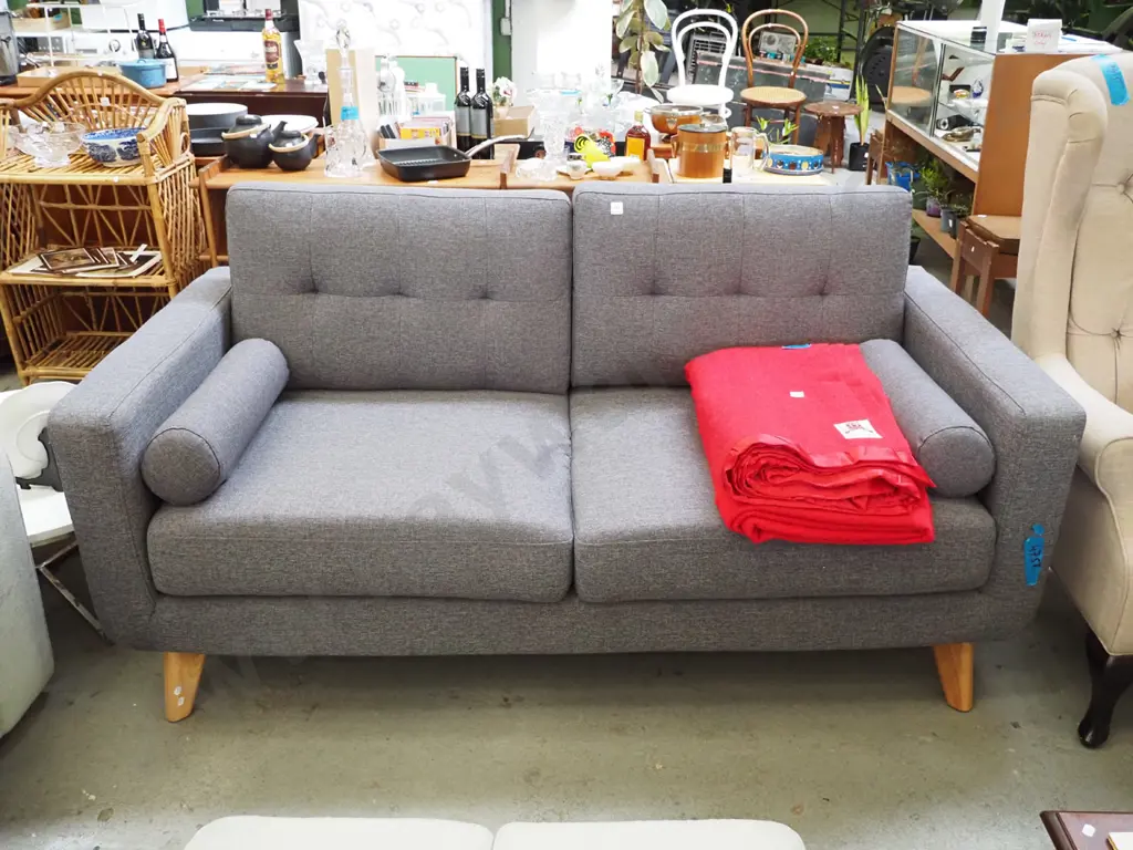 modern grey upholstered 2 seater settee with 2 deep buttoned cushions - excellent condition  Image 1++