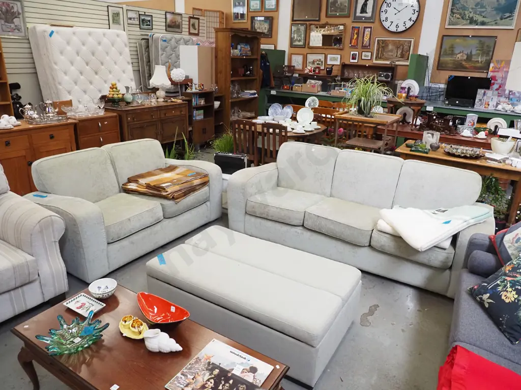 light green 2 piece suite - 3 seater and 2 seater - some fading and staining Image 1++