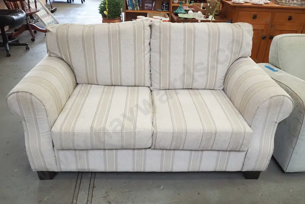 taupe upholstered rolled arm 2 seater settee - slight marking to one side of cushions Image 1++