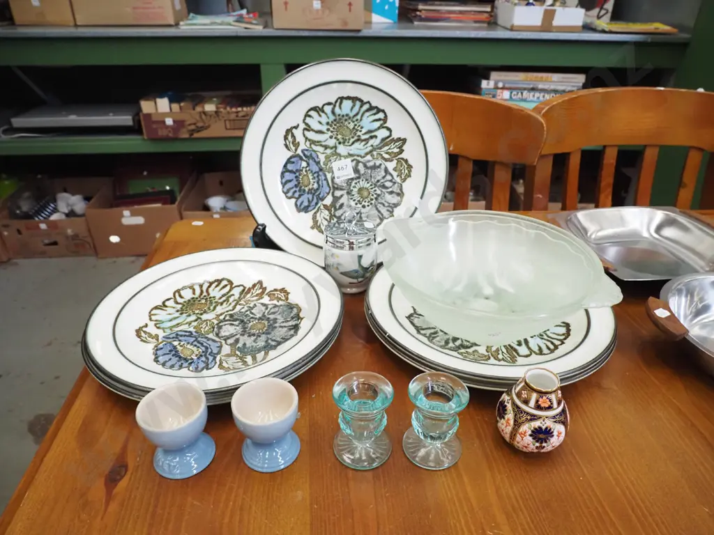 Wedgwood Iona dinner plates, green glass bowl, egg coddler etc Image 1++
