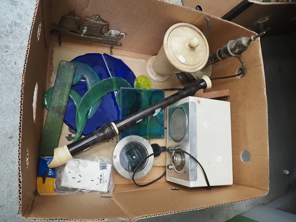 box; coloured glass, large recorder etc Image 1++