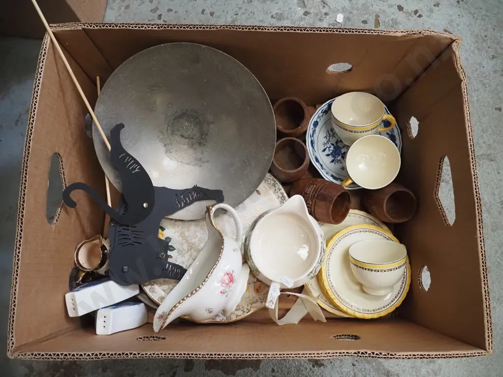 box; alloy bowl, wooden goblets, cake plate, cups, saucers etc Image 1++