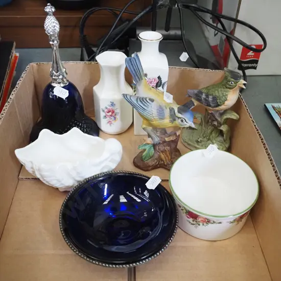 box; bird figurines, vases etc