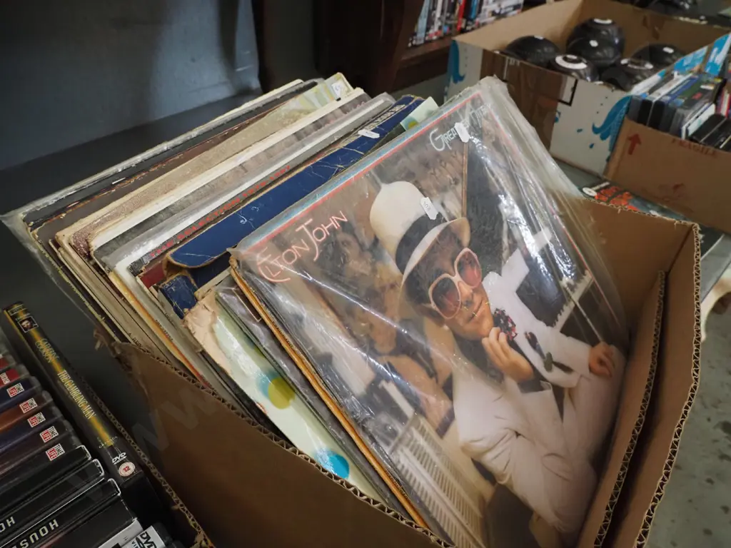 box of LPs; Elton John, Fred Dagg, Mark Knopfler etc Image 1++