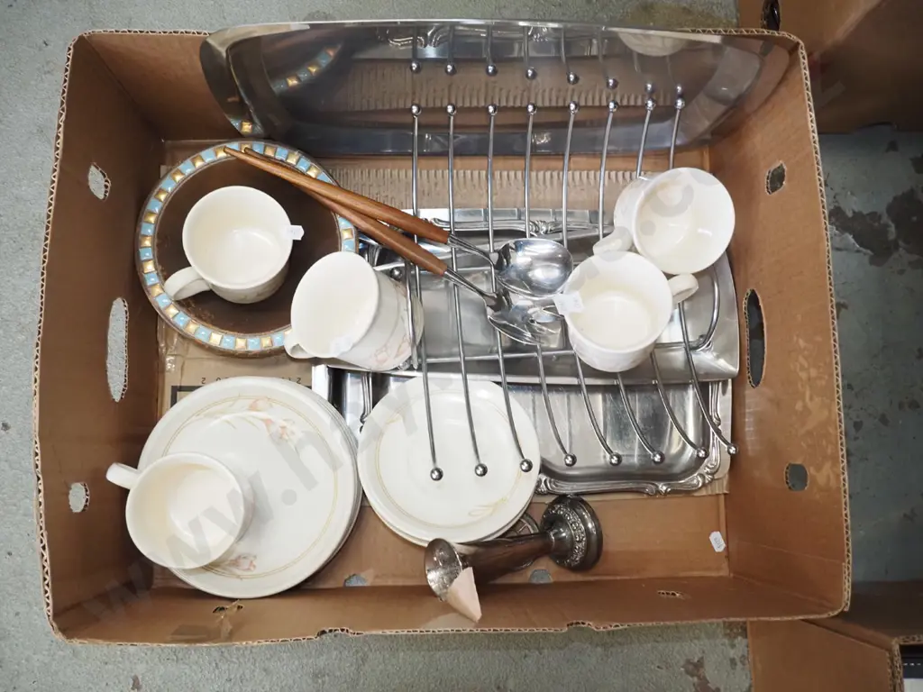 box; Crown Lynn cups, metal fruit bowl, trays etc Image 1++