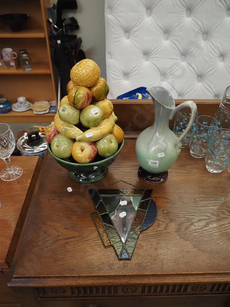German pottery ewer vase, ceramic fruit and bowl, leadlight mirror Image 1++