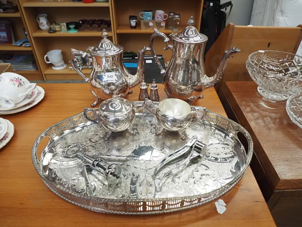 plated teapot,coffee pot, creamer, sugar, tray etc Image 1++