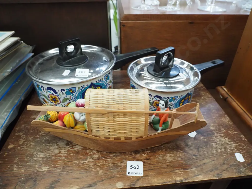 2x retro enamel pots - has burnt interior, retro model boat Image 1++