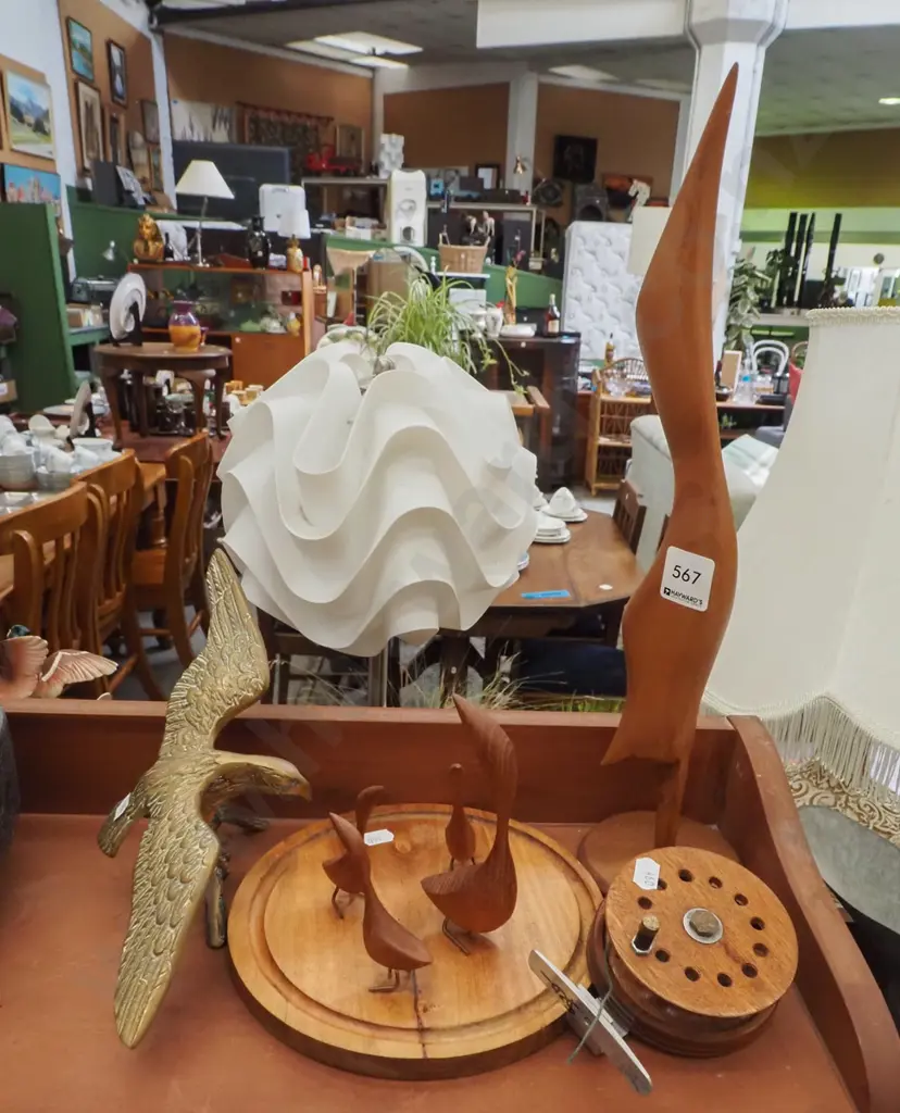 wooden bird figurines, homemade fly fishing reel, small brass eagles Image 1++