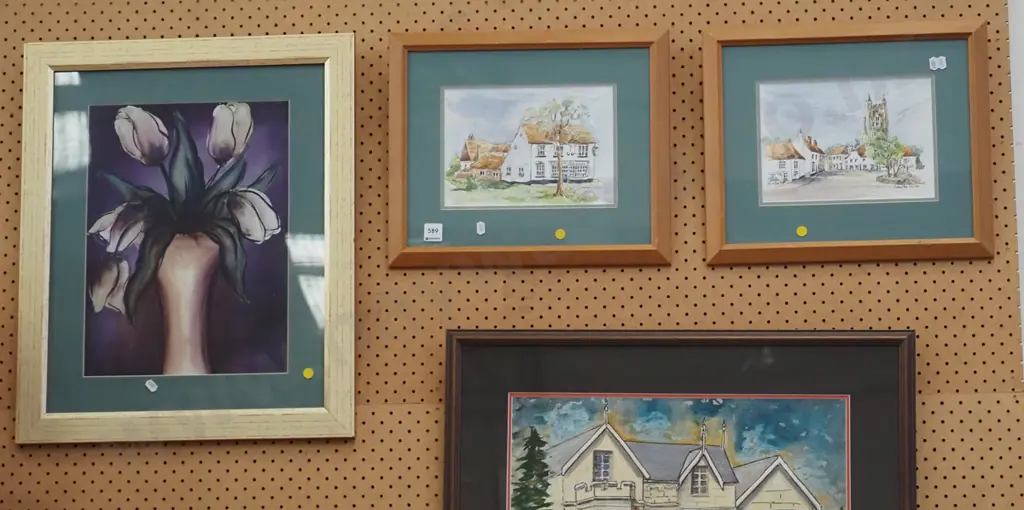 framed acrylic, 2x framed pencils and watercolours - yellow dots Image 1++