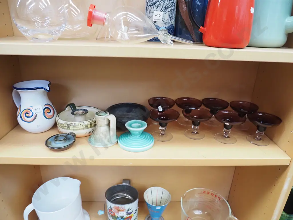 shelf; unusual clear and smoked glass champagne glasses, bowl, jug etc Image 1++