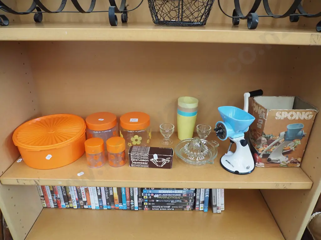 shelf; retro  stroage canisters, cups, benchtop mincer etc Image 1++