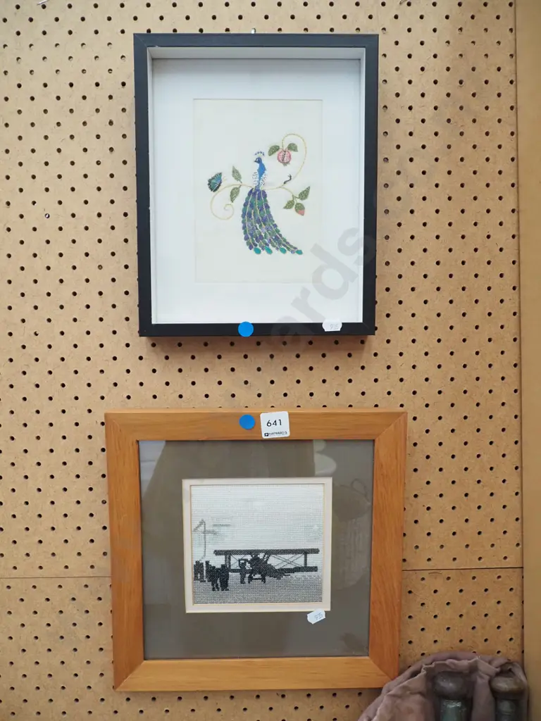 2x framed small needleworks - blue dots Image 1++