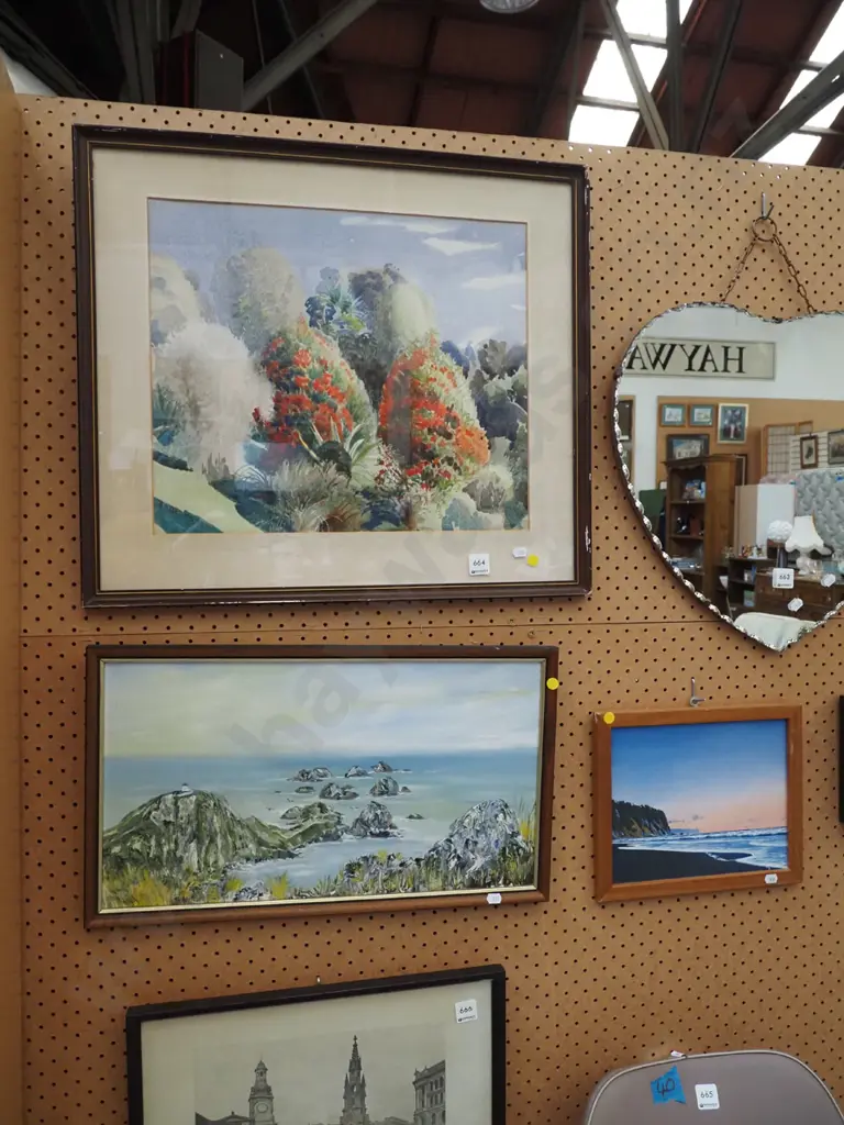 2x framed oils - seascape, framed watercolour - yellow dots Image 1++