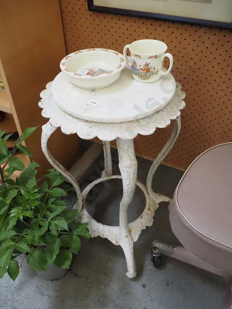 cast iron 2 tier wine table with marble top - needs attention Image 1++