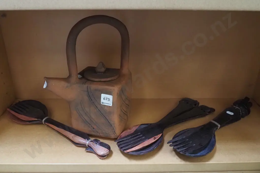pottery tea pot, 3x sets of souvenir salad servers Image 1++