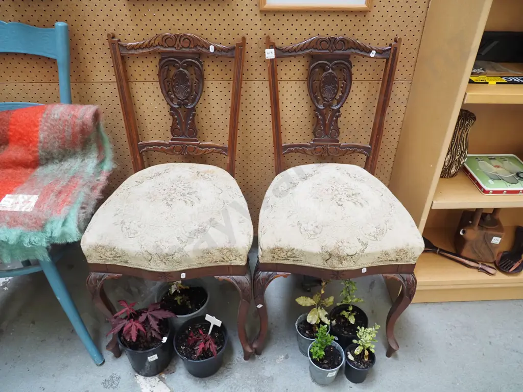 pair of Victorian mahogany cab leg carved splat back chairs - upholstery needs attention Image 1++