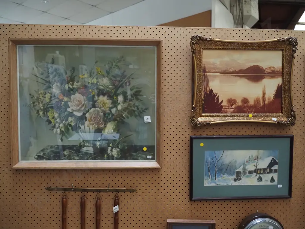 framed photograph (fading) - lake scene, watercolour - house in snow, Vernon Ward print - yellow dots Image 1++