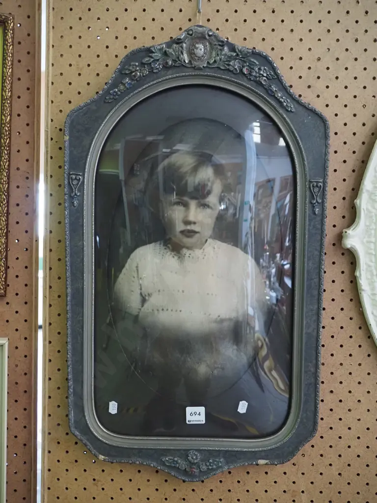 vintage beaten pewter framed convex glass photographic portrait - young girl Image 1++