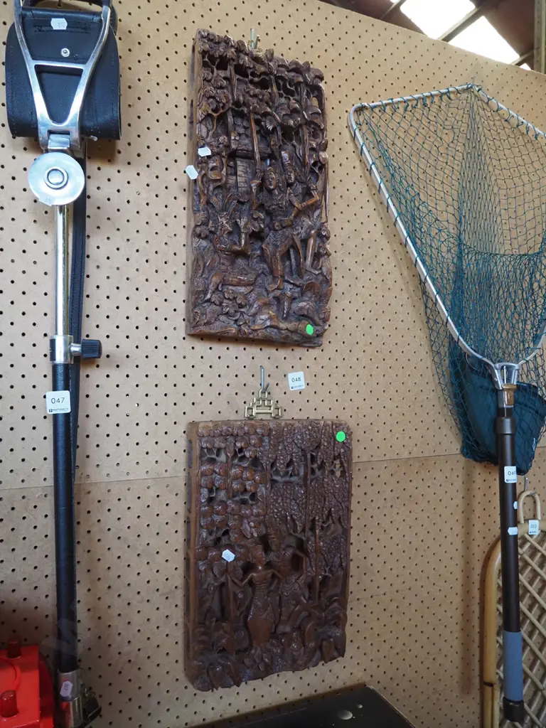 2x heavily carved Indonesian panels - green dots Image 1++