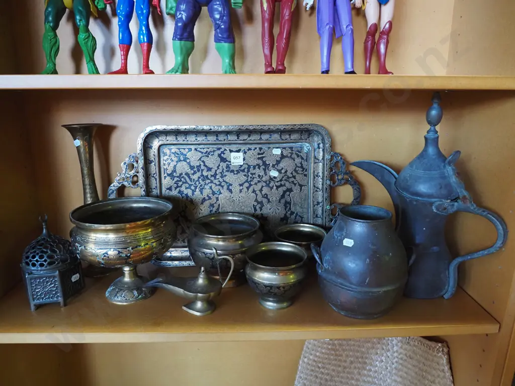 shelf of brass and copper items; tray, coffee pots etc Image 1++