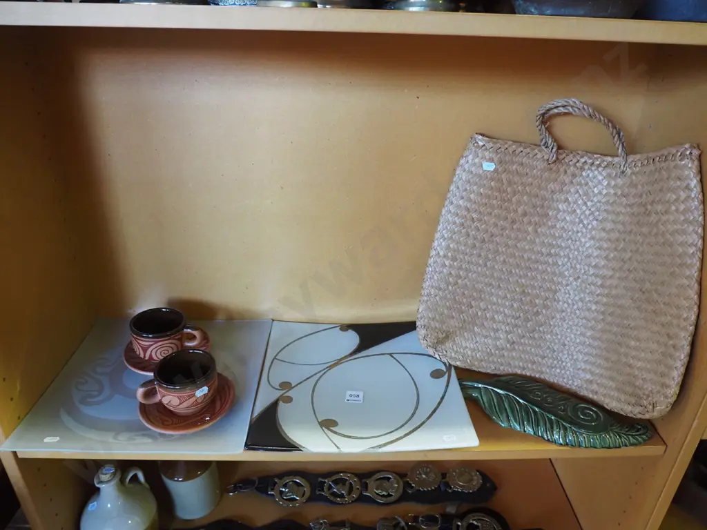 2x art glass square platters, pottery Maori motif cups, kete etc Image 1++