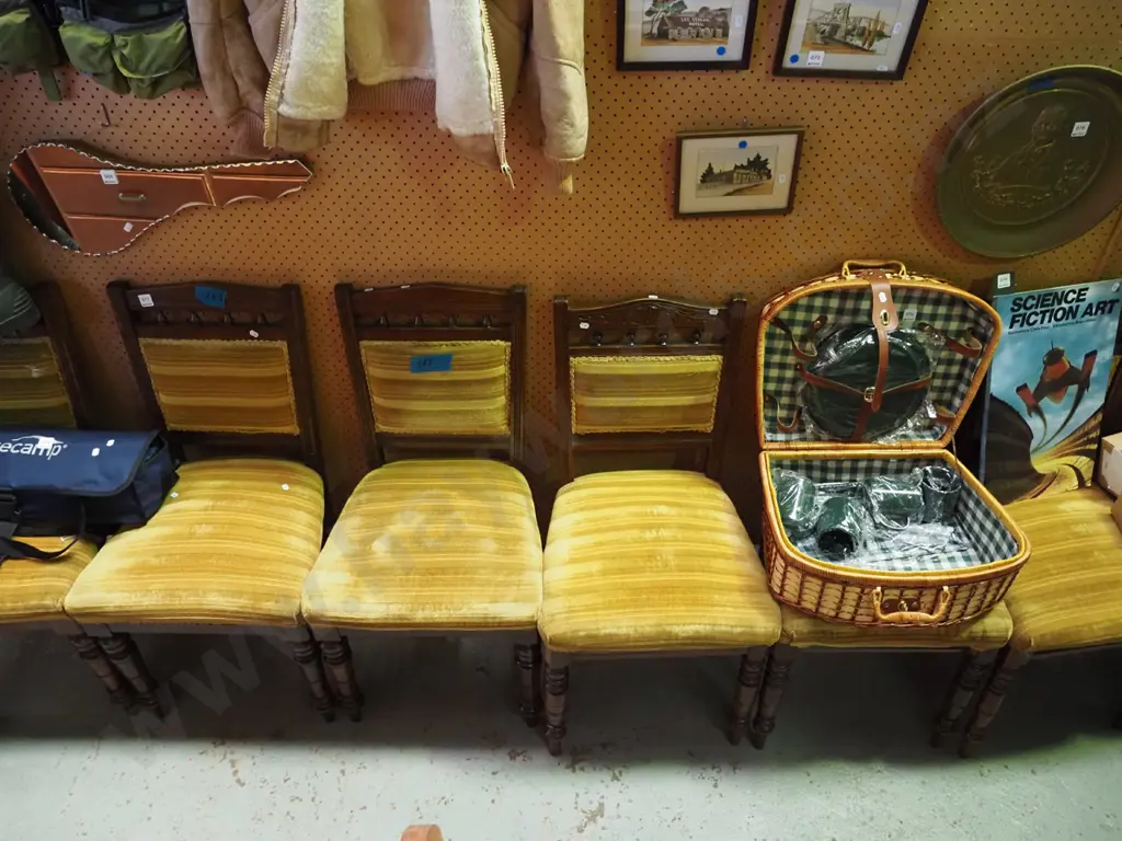 7x Edwardian turned leg upholstered spindle back dining chairs - some in good condition, others need attention Image 1++