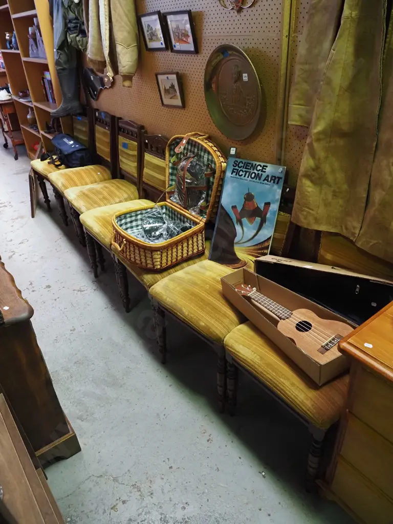 7x Edwardian turned leg upholstered spindle back dining chairs - some in good condition, others need attention Image 1++