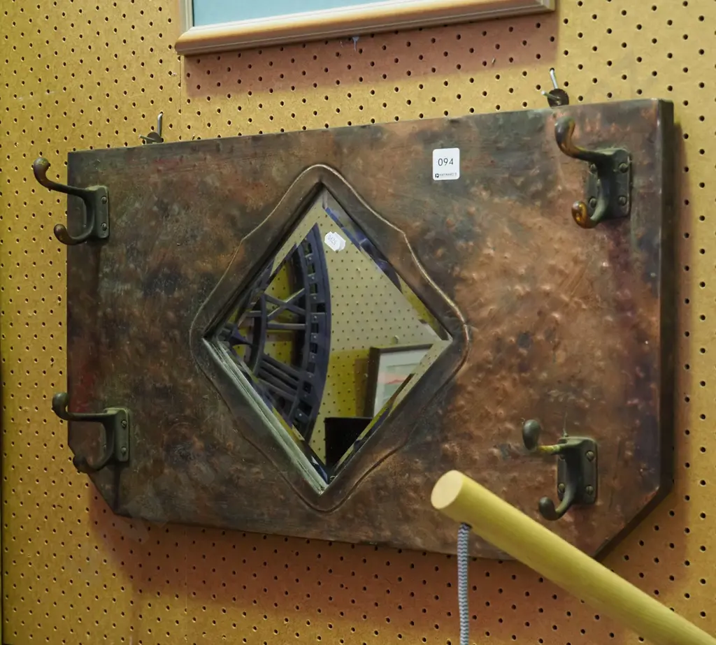 copper wall mounted bevelled edge mirror and coat hooks Image 1++