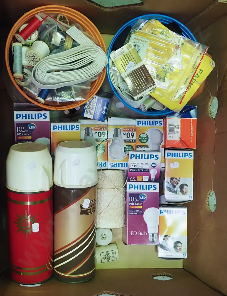 box; as-new light bulbs, 2x tubs of assorted sewing accessories, thermoses etc Image 1++