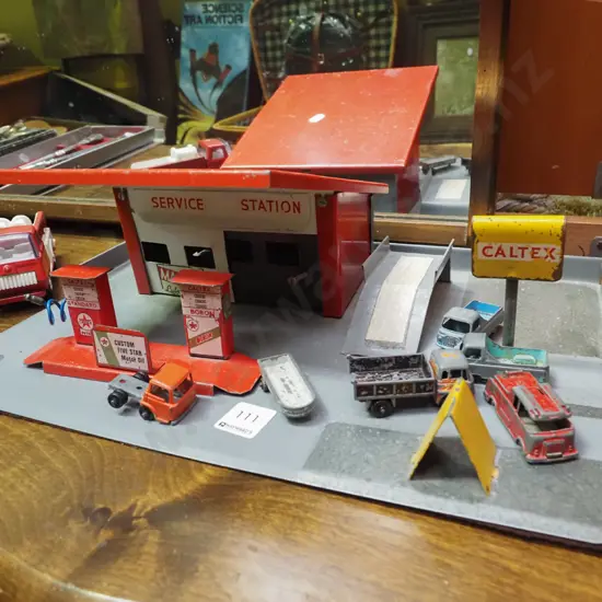 vintage metal toy garage, toy vehicles
