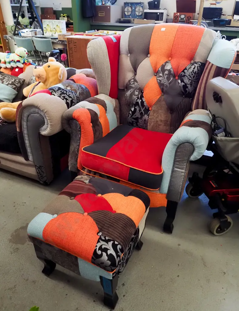modern patchwork deep buttoned wingback armchair with matching footstool - excellent condition Image 1++