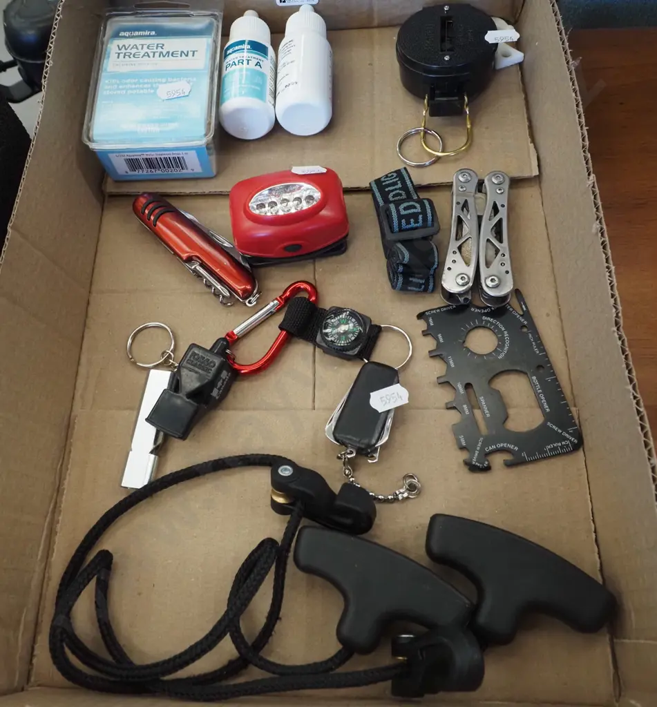 box of pocket knives, water treatment bottles, multi tools etc Image 1++