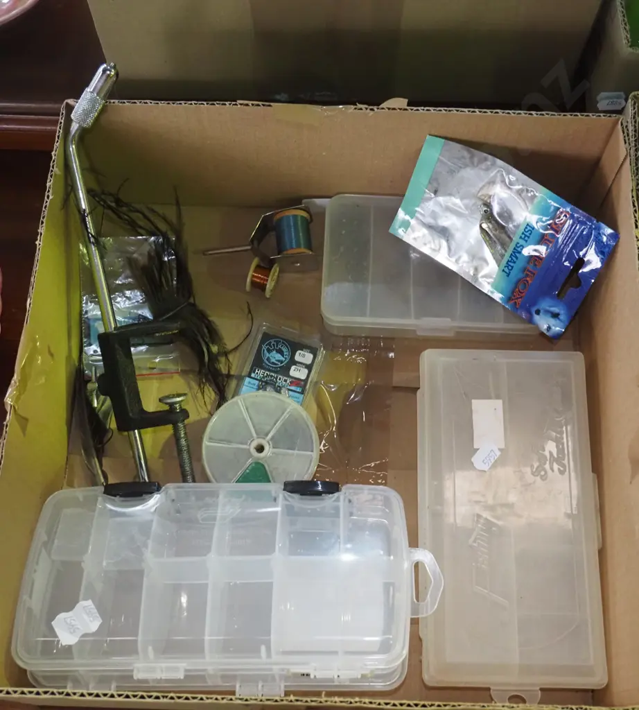 box; tackle boxes, soft baits, fly tieing stand etc Image 1++
