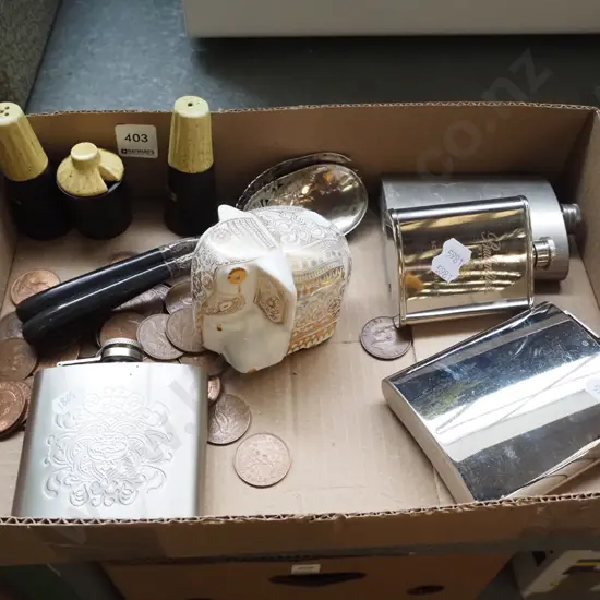 box; hip flasks, elephant figurine, coins etc
