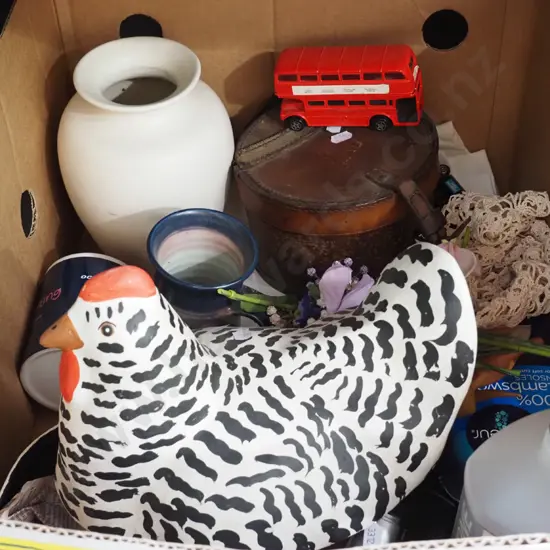 box; paper mache happy hens storage canister, leather collar box, cups etc
