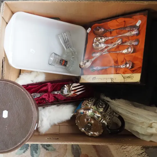 box; cased cutlery, retro pyrex baking dish, graduation mortar etc